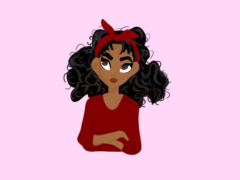 drawing of girl with curly hair crossing her arms
