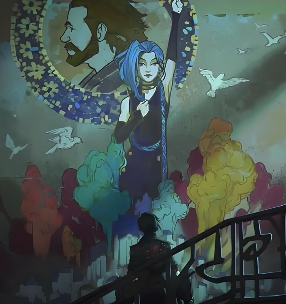 Jinx (mural) as the symbol of the revolution and Vi (center) recognizing the fight for Zaun