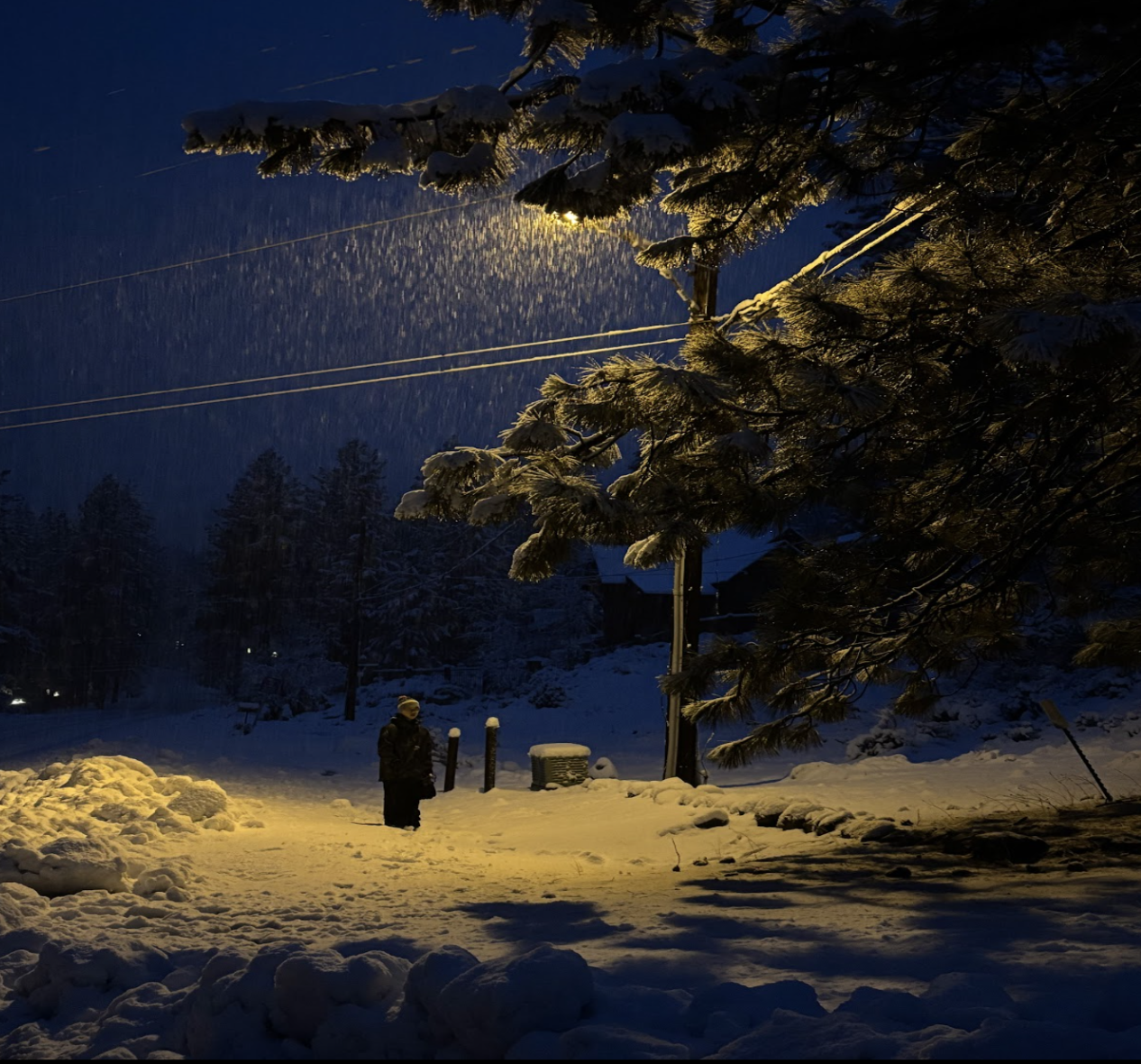 A photo in a snowstorm under a streetlight. I increased the color contrast to highlight the yellow light more, which acts as an anchoring point in the coldness of the image.