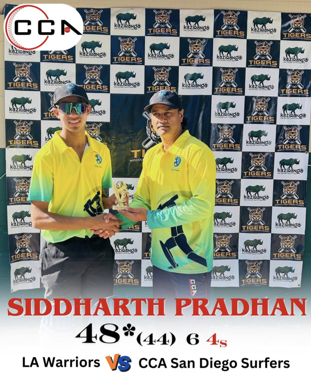 Siddharth Pradhan ‘27 receiving the award for best batsman during the California Cricket Academy’s under-19 Thanksgiving tournament. (Archbishop Mitty)