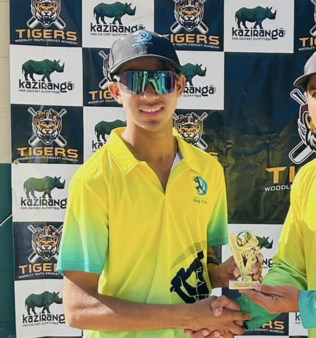Siddharth Pradhan ‘27 receiving the award for best batsman during the California Cricket Academy’s under-19 Thanksgiving tournament. (Archbishop Mitty)