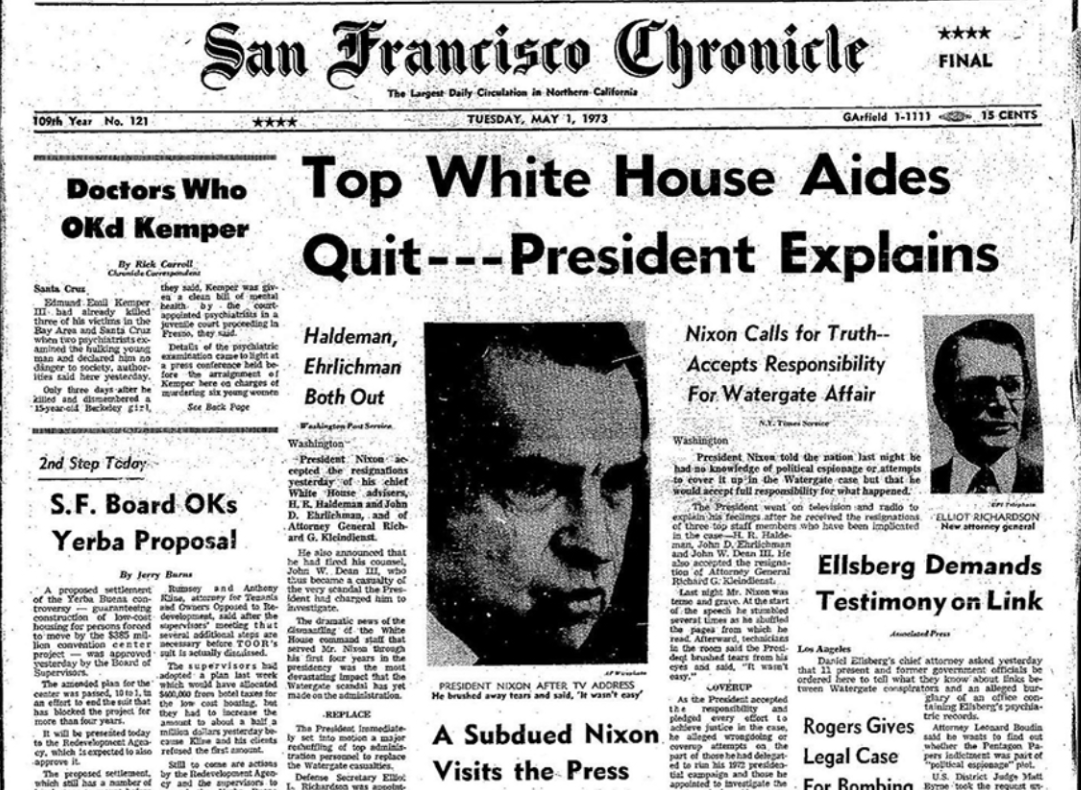 A 1972 newspaper clipping detailing, among other stories, the Watergate scandal—examined by Modern American History as a nail in the coffin of trust in government echoing beyond its era.